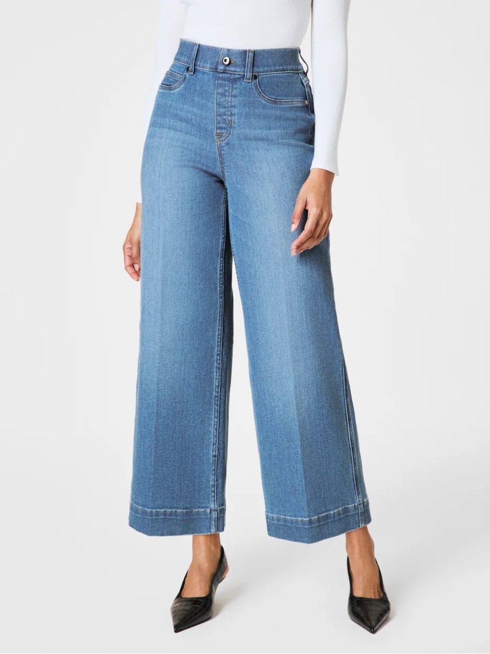 SPANX EveryWear Cropped Wide Leg Jeans in Stonewash Blue Size Large
